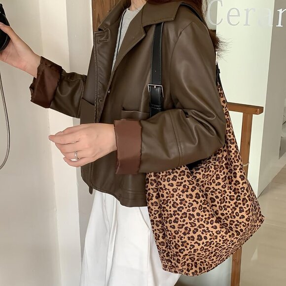 Women's Faux Suede Lightweight Shoulder Bag Leopard Print Purse Slouchy Animal T - Picture 2 of 9